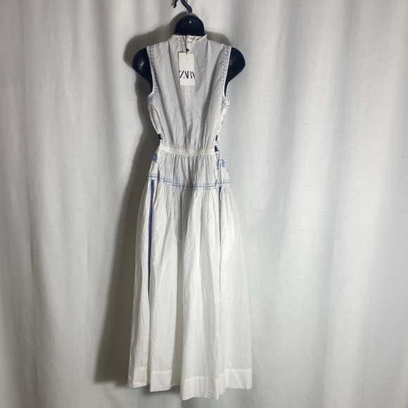 New Zara Elegant White and Blue Embroidered Dress - Picture 7 of 8